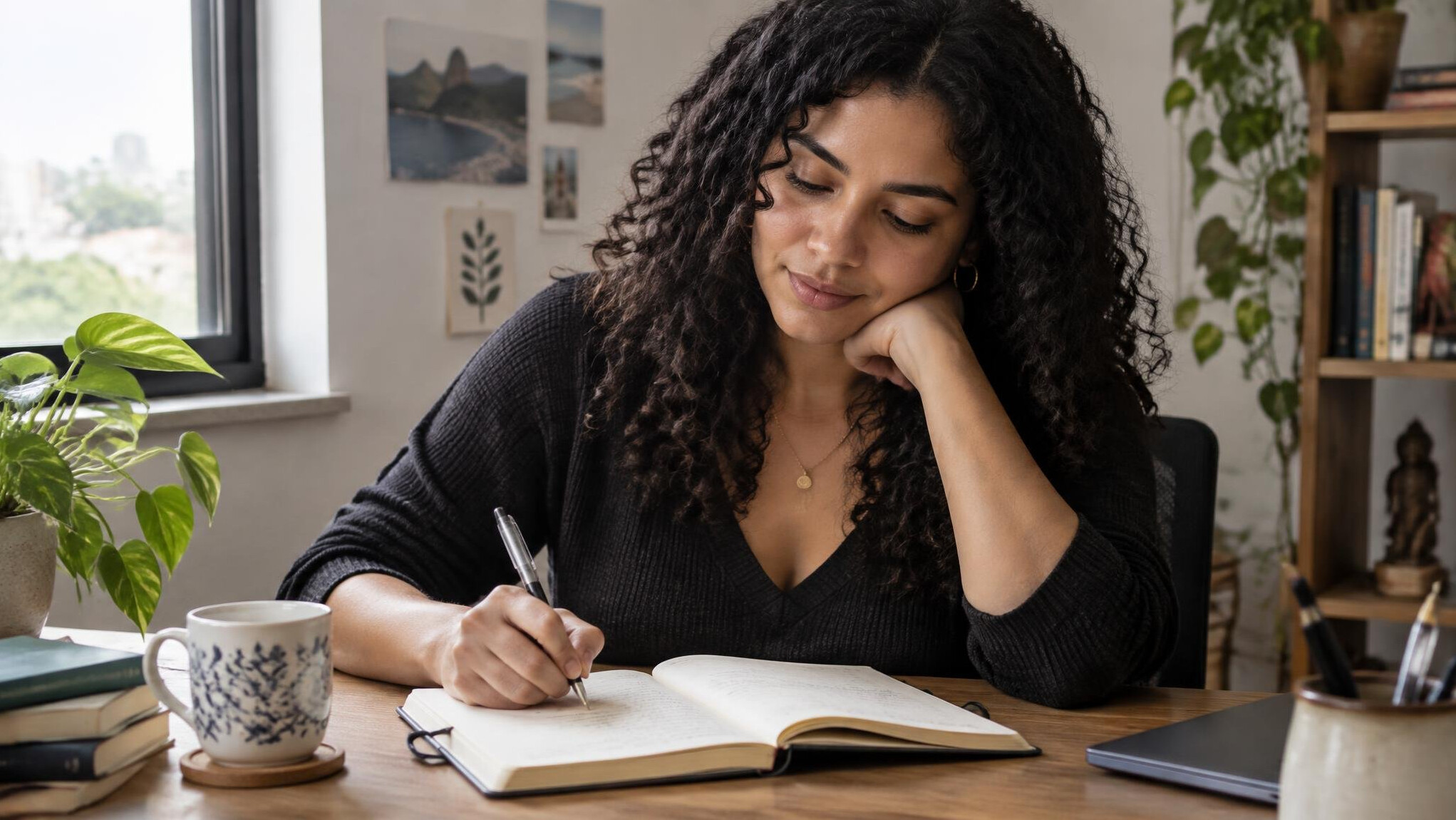 Mulher escrevendo em um caderno de reflexão pessoal