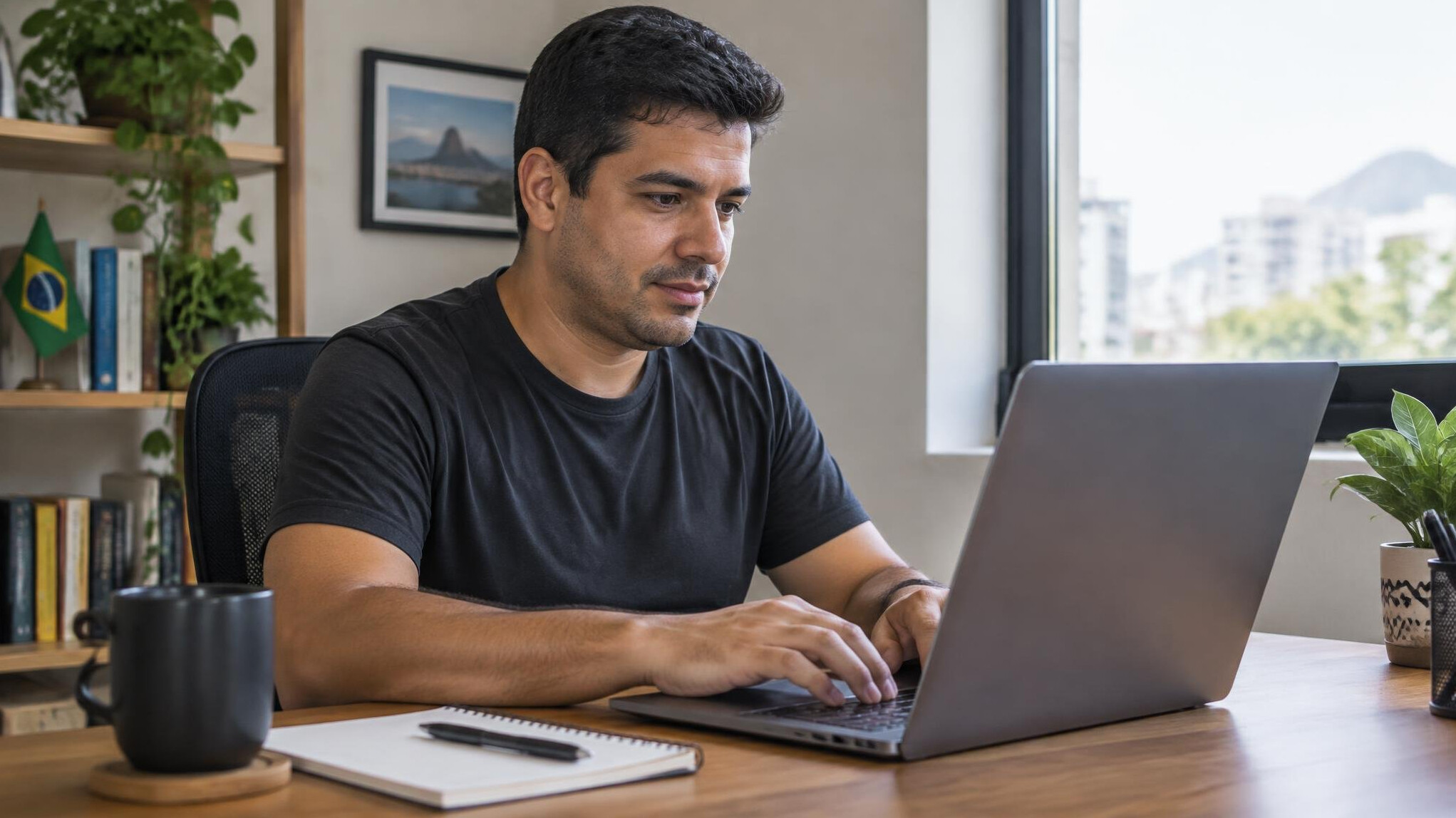 Homem usando um laptop em um espaço de trabalho tranquilo